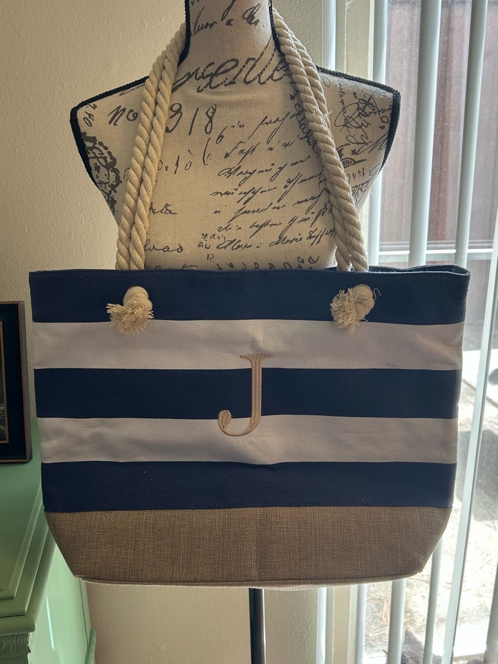 Nautical Striped Canvas Beach Tote Bag with Rope Handles – Initial J